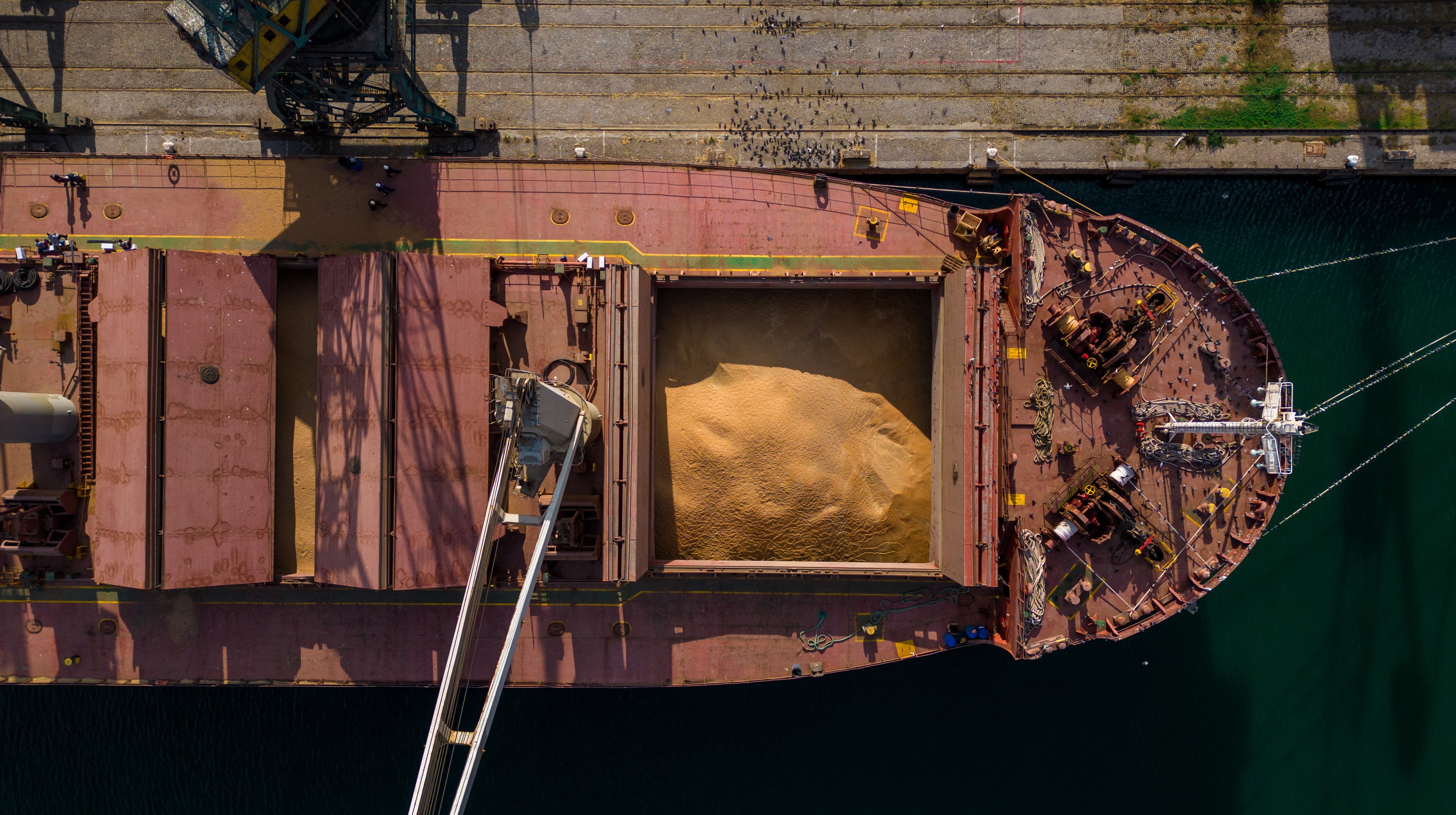Aerial view of bulk carrier at a port