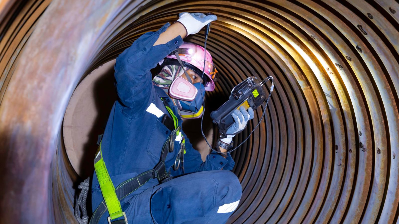 Man checking boiler wall thickness Man checking boiler wall thickness